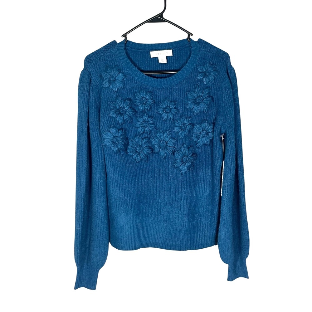 Liz Claiborne NWT Women's Teal Fuzzy Sweater Three Dimensional Flowers SP Petite